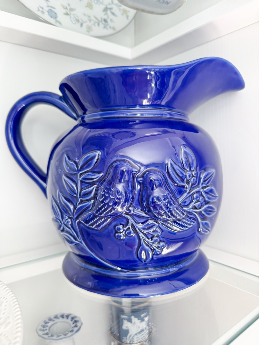 Glossy Cobalt Blue Ceramic Birds on Branches Pitcher